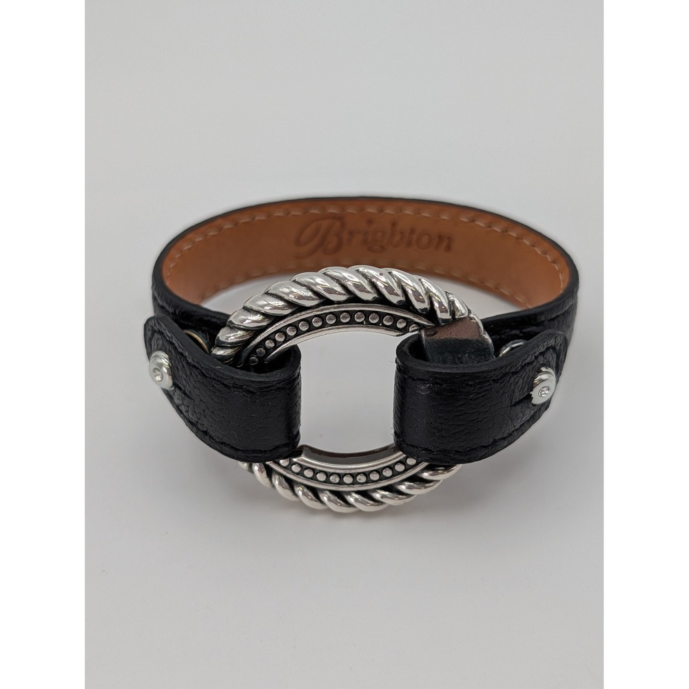Brighton Black Leather Silver Rope Ring Cuff Bracelet ML Snap Closure